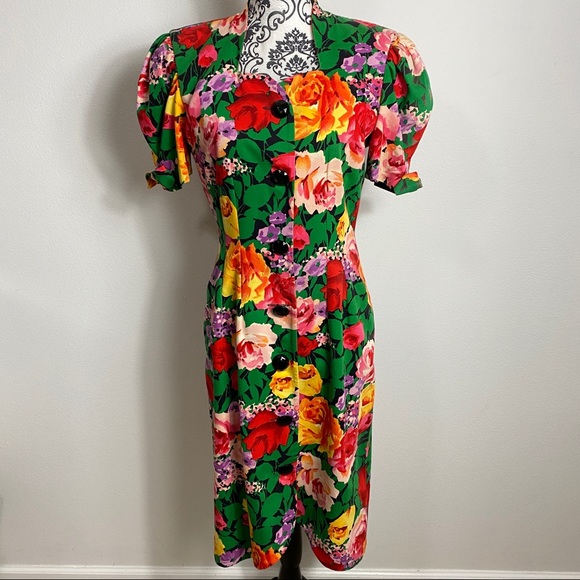 Vintage Julliard Floral Vacation Button Down Puff Sleeve Midi Dress 8 - Picture 2 of 9